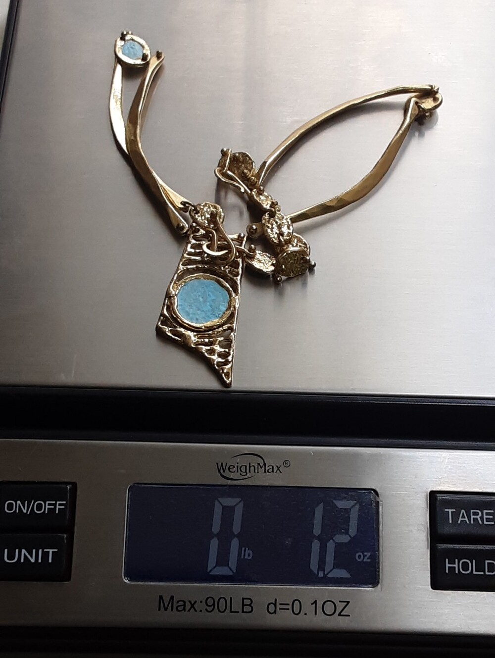 ANNE DICK Modernist|Brutalis Hammered Bronze Tiffany Blue Inlay Pendant Necklace - Picture 10 of 10